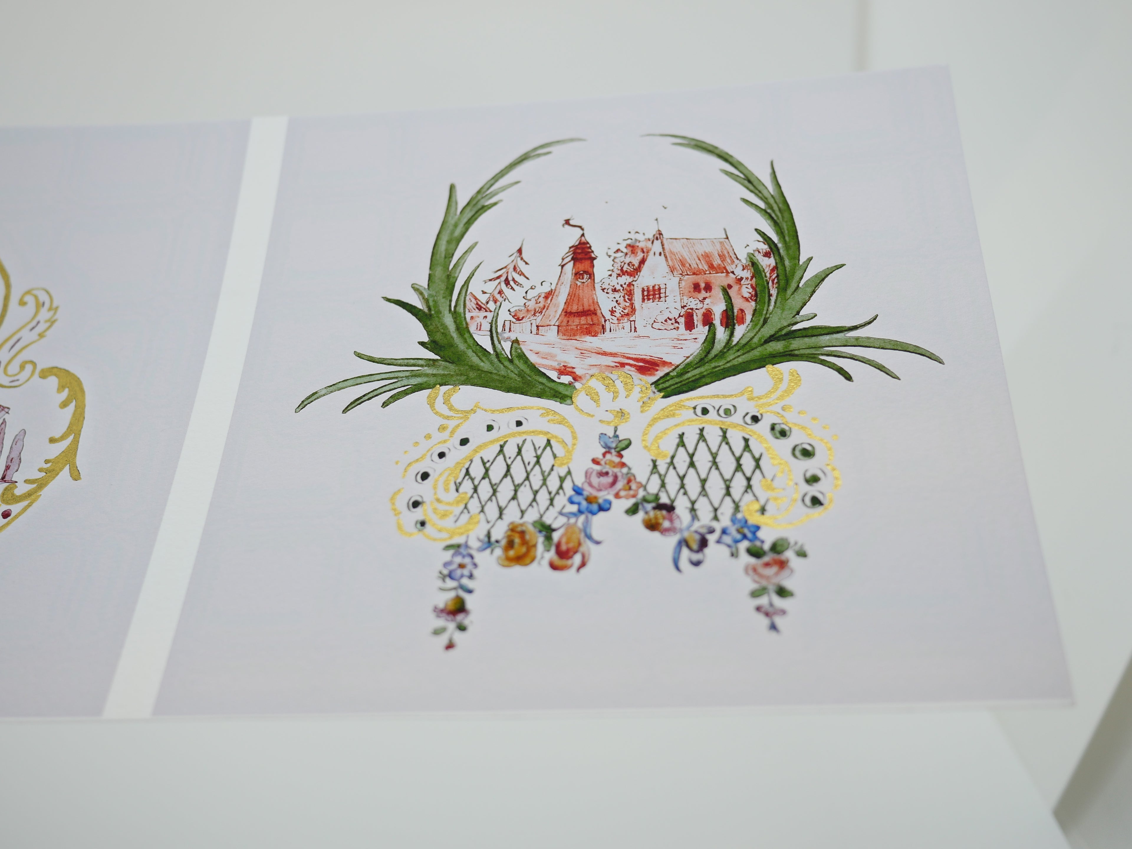 Kleines Küchenbild, 16 x 16 cm, Mühle, Miniaturmalerei, Porzellanentwurf, vergoldet, Fine Art Print, handvergoldet