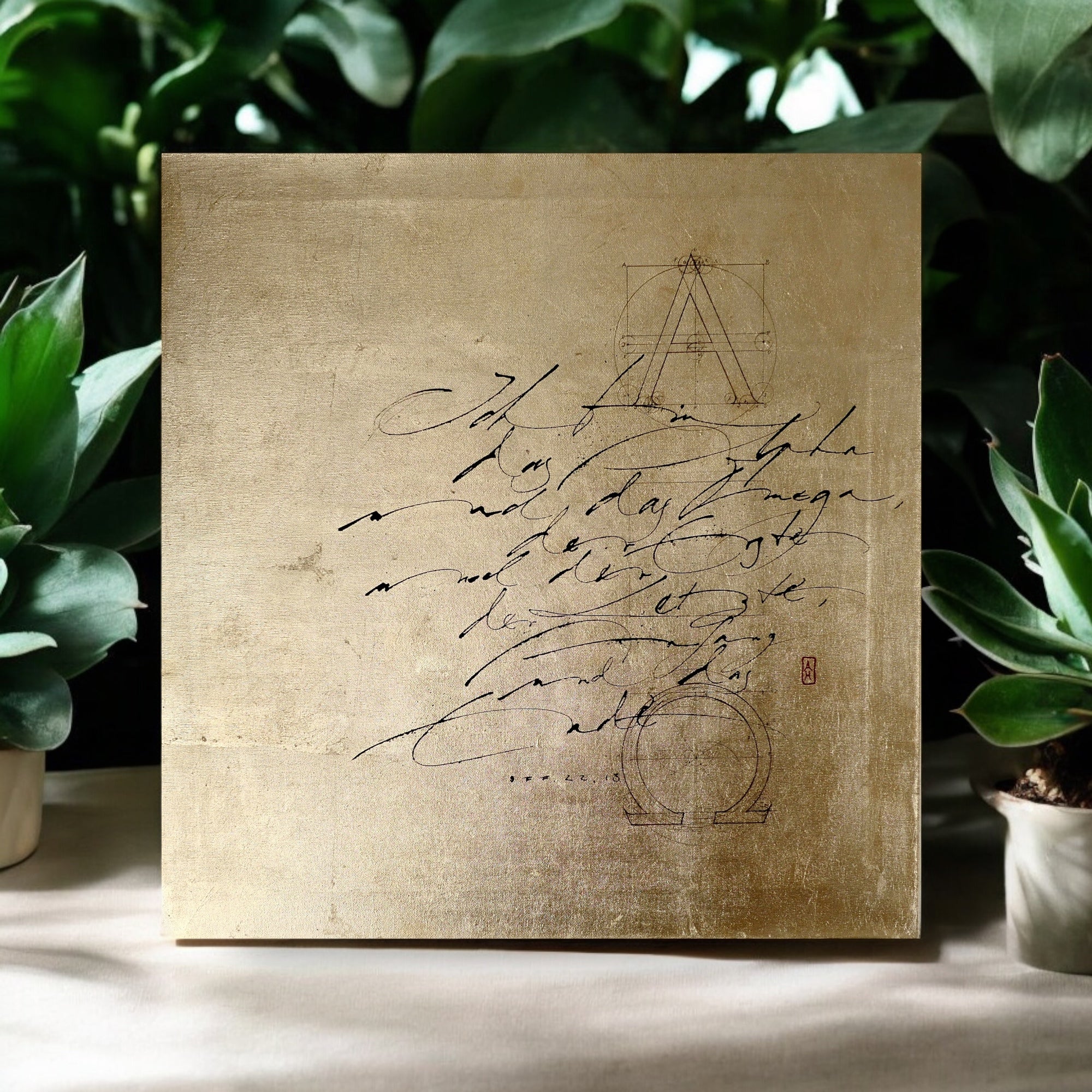 Christliche Wandbilder, 16x16cm, Alpha und Omega, Gold, Fine Art Print, Kalligrafie, Offenbarung 22, Bibelvers, Bibelkunst, auch mit Rahmen