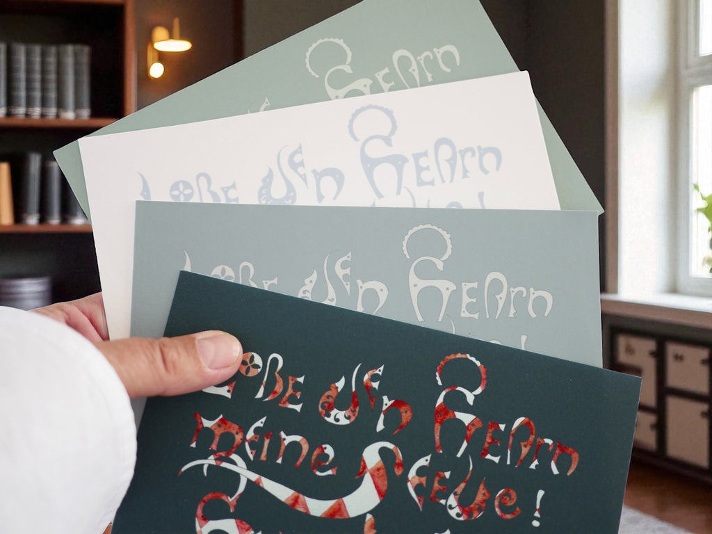 Kunstprint Postkarte, Lobe den Herrn, Halleluja, Psalm 104 und 148, 4 Farbvarianten, Kalligrafie,A6 - B6, christlich, Bibelvers, Bibelspruch