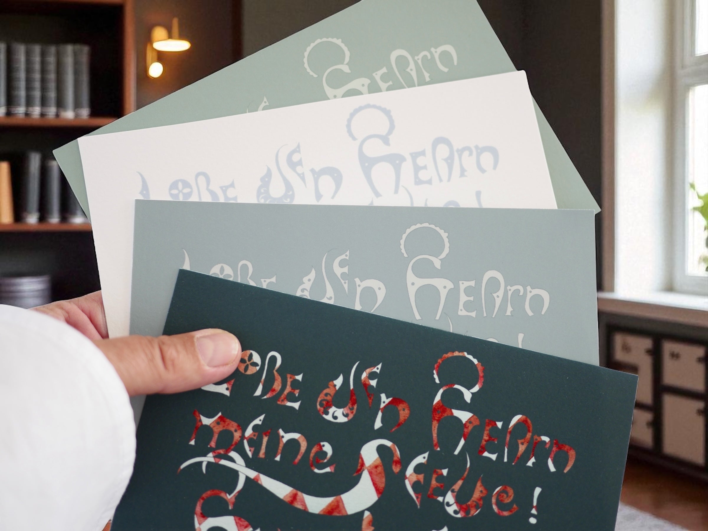 Kunstprint Postkarte, Lobe den Herrn, Halleluja, Psalm 104 und 148, 4 Farbvarianten, Kalligrafie,A6 - B6, christlich, Bibelvers, Bibelspruch